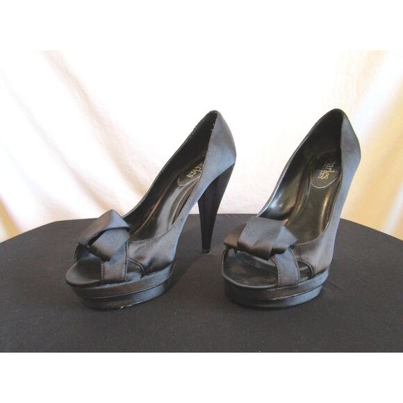 EUC!! Charles David Black Satin Bow Peep Toe Platform High Heels Size Women Sz 7 - Picture 3 of 10